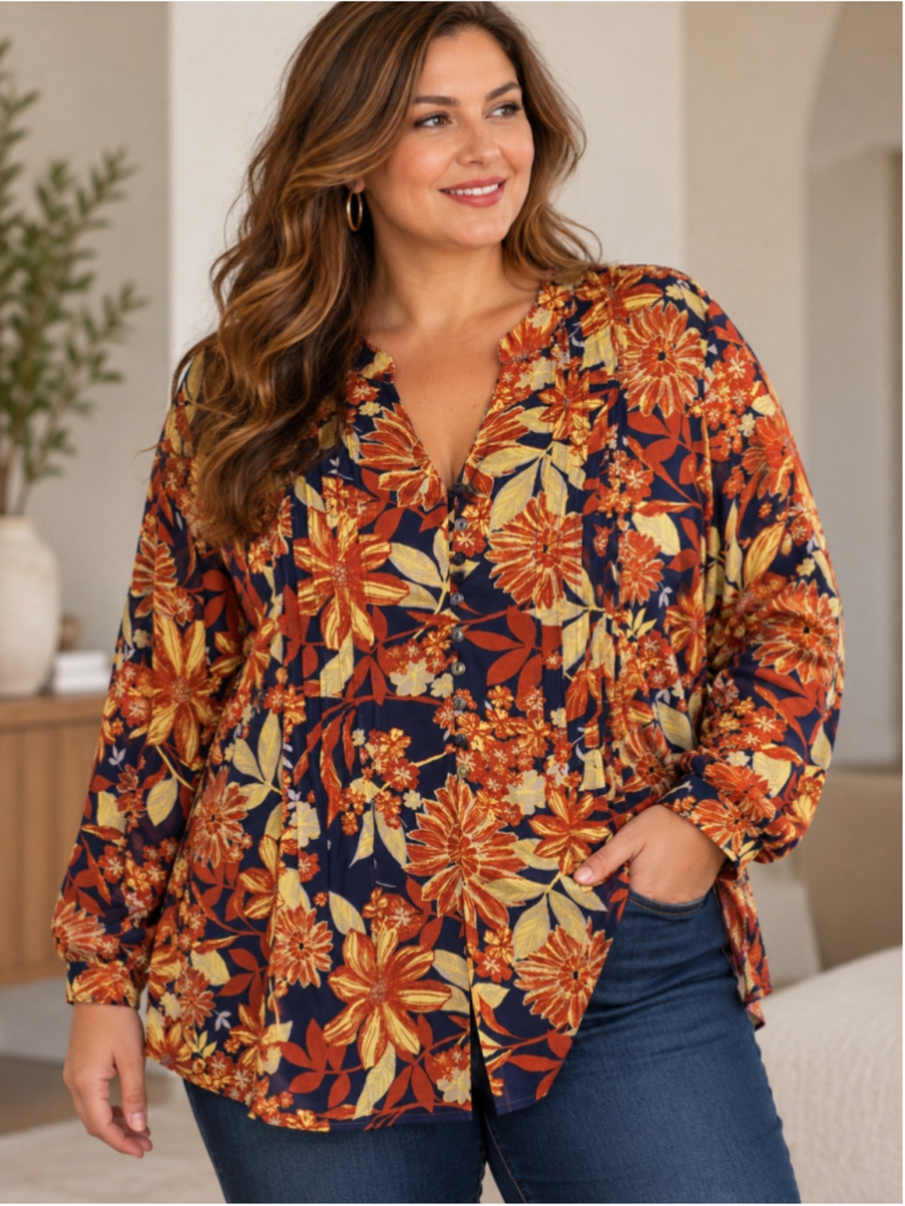 Coldwater Creek Floral Blouse Blue Orange Long Sleeve Women's Size XL